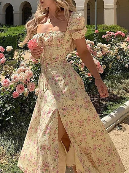 Vestido Midi Floral Manga Globo — Uso Diario