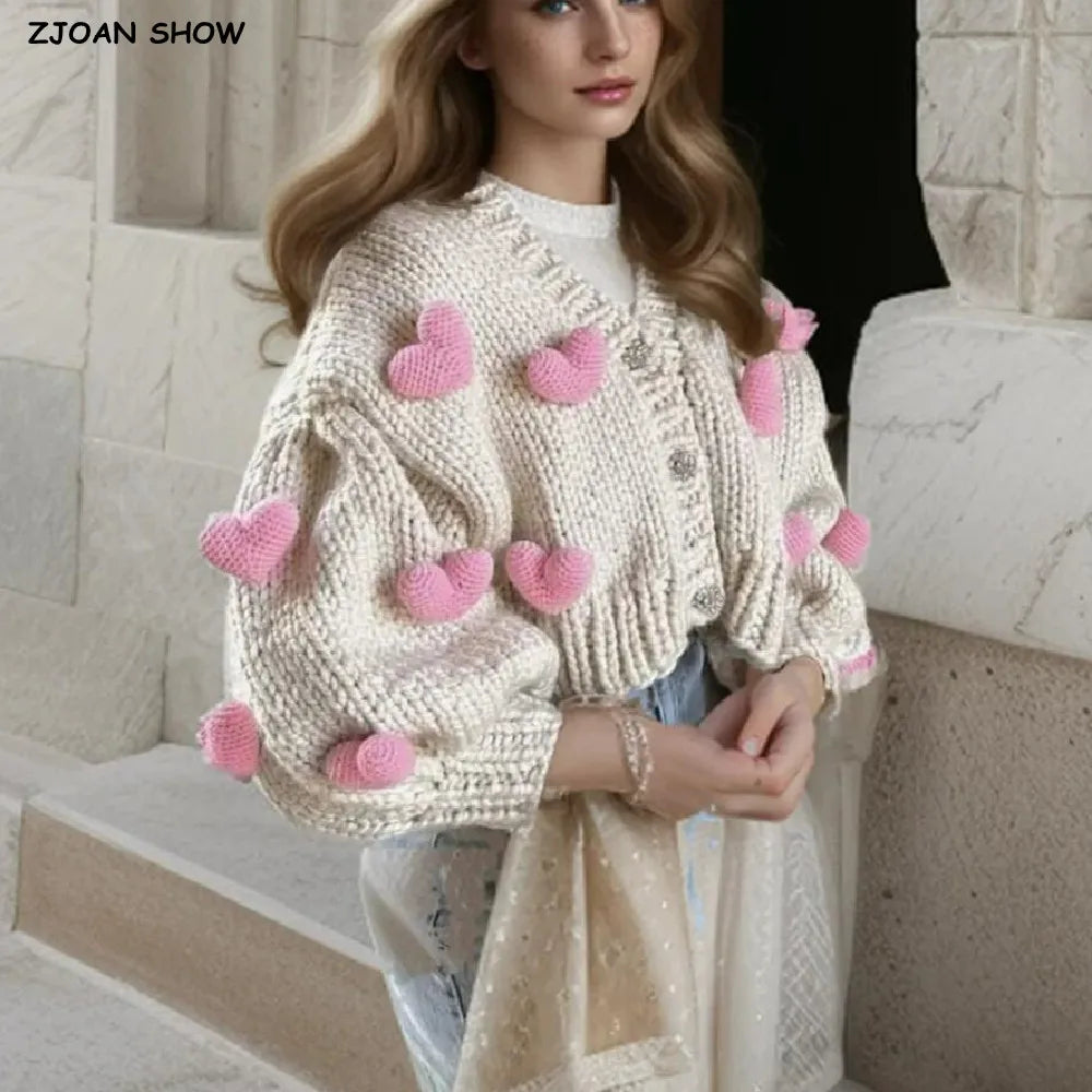 Cárdigan Crochet con Corazones 3D — Manga Farol Beige