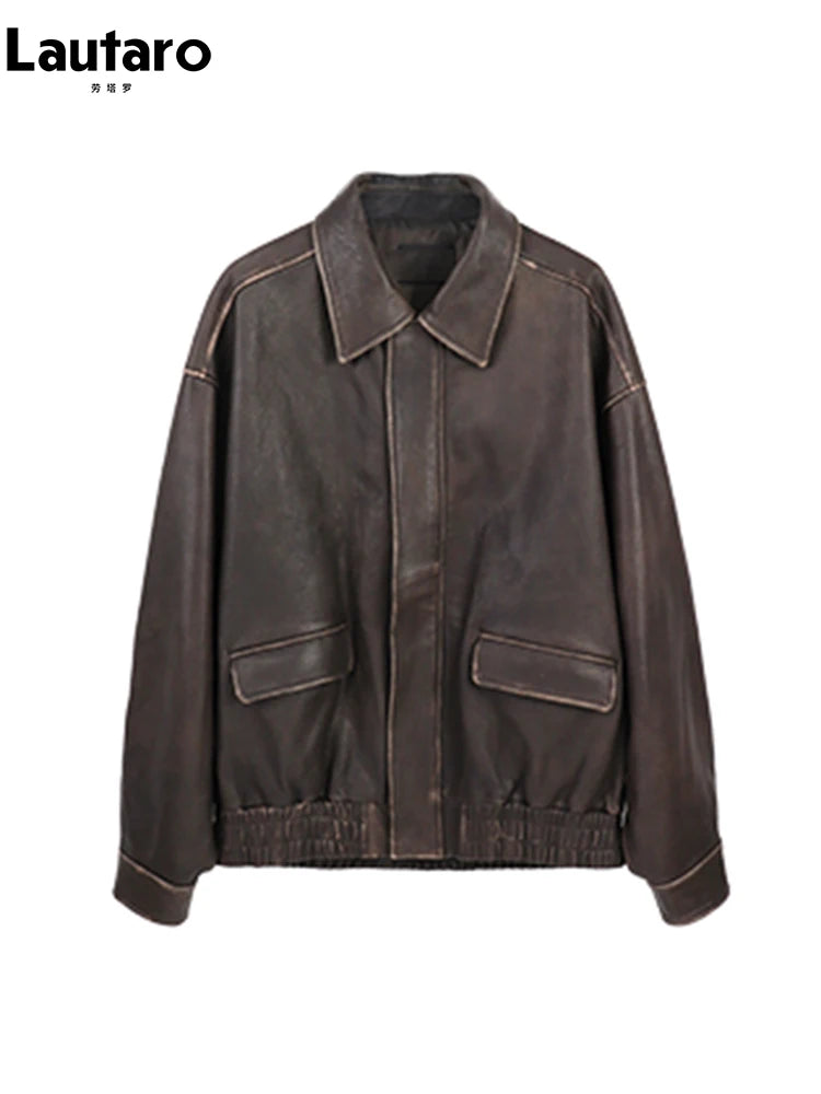Chaqueta Oversize de Cuero Vegano Café — Efecto Desgastado