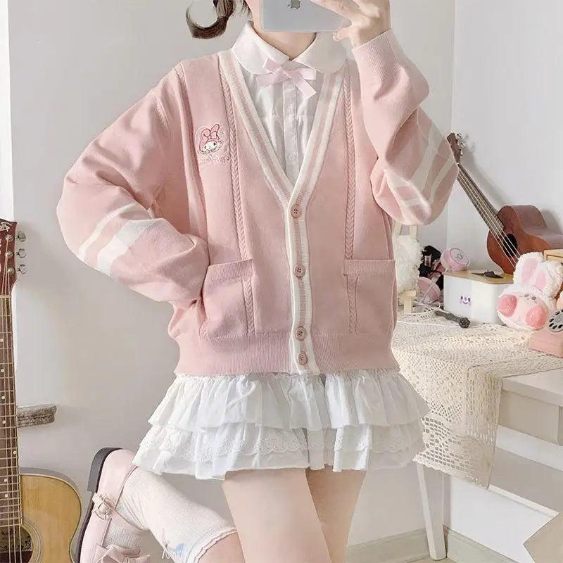 Sweater Bordado My Melody — Cárdigan Cuello V Kawaii