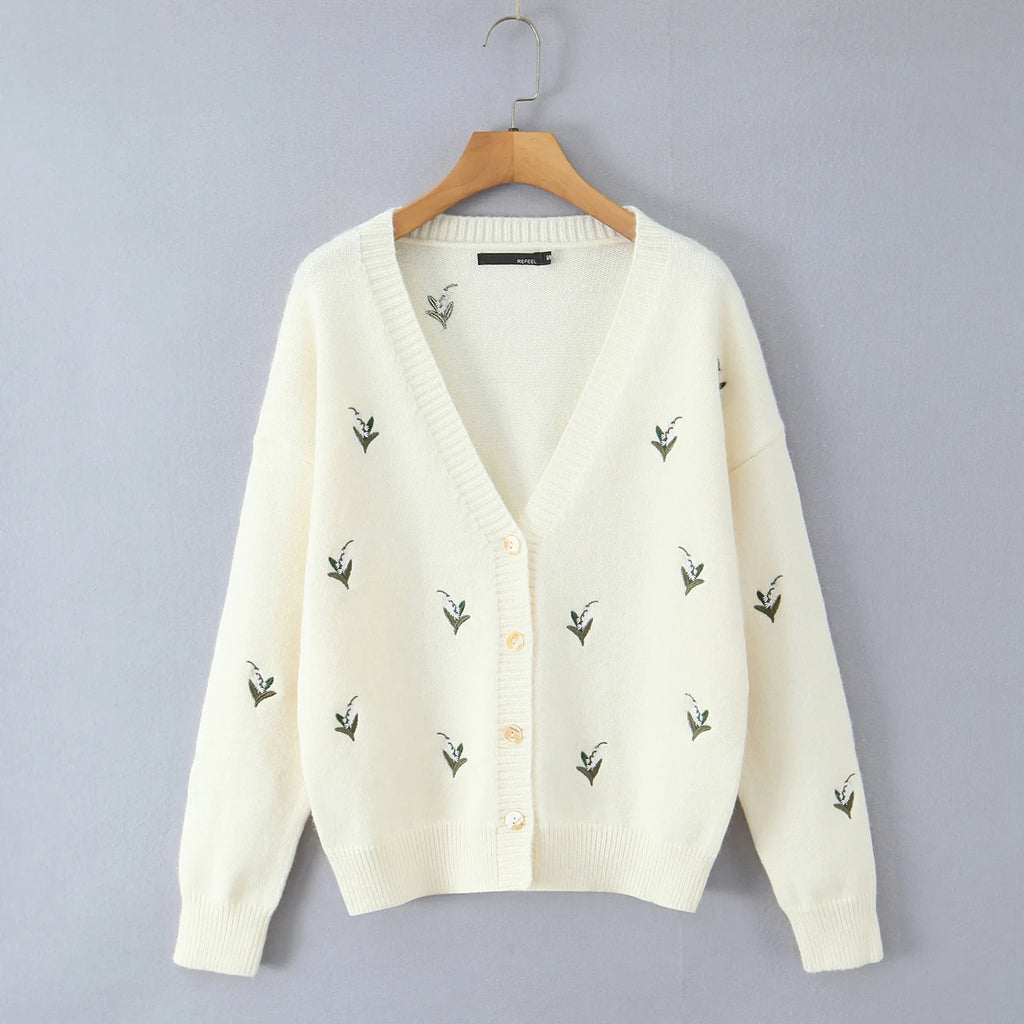 Cárdigan Oversize Bordado Floral — Cuello V Holgado