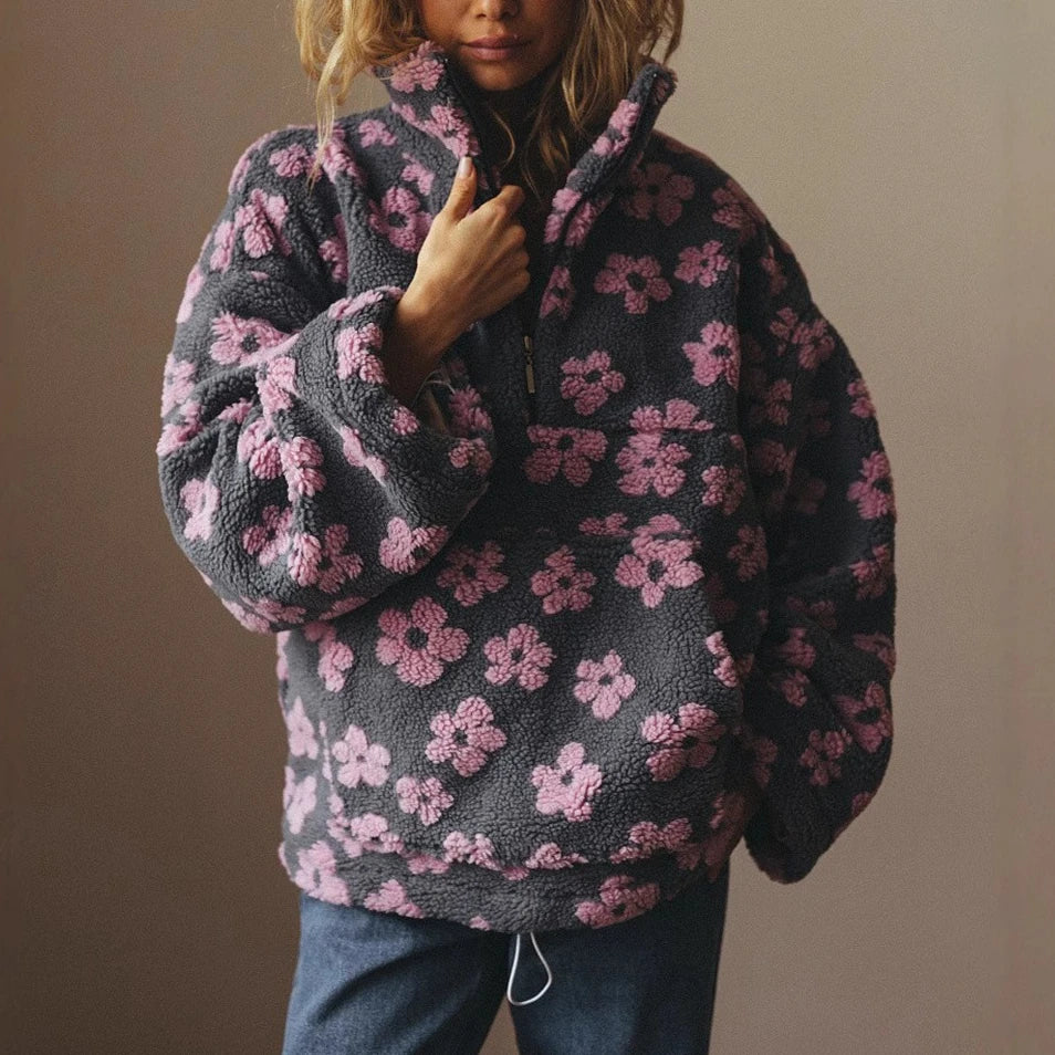 Buzo Polar Floral con Cierre Medio — Cálido y Suave