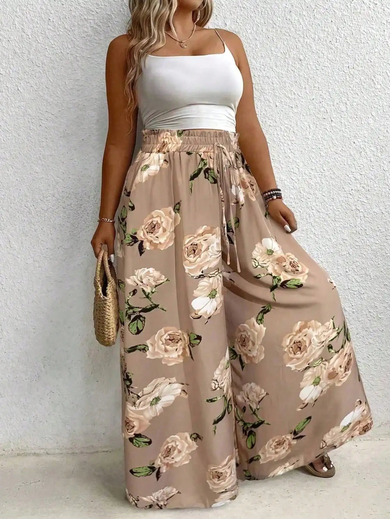Pantalón Ancho Estampado Talla Grande — Cordón Ajustable