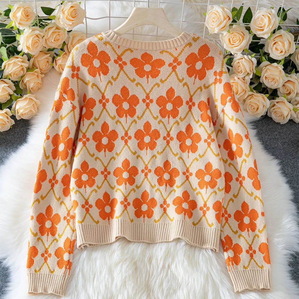 Cárdigan Floral Jacquard — Cuello Redondo