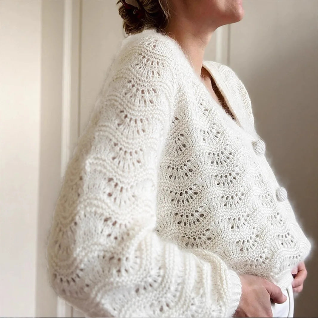 Cárdigan Blanco Crochet Calado — Cuello V