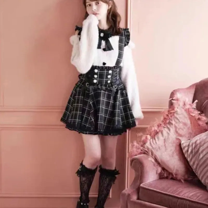 Falda Tiro Alto con Tirantes y Lazo — Estilo Kawaii