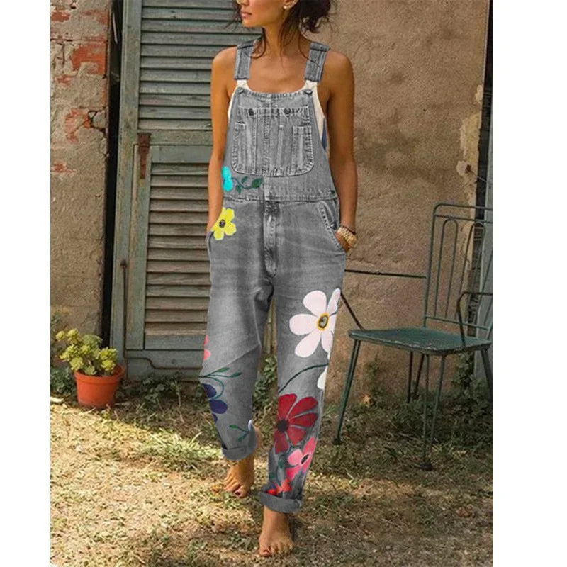 Overol de Denim con Tirantes — Estampado Floral