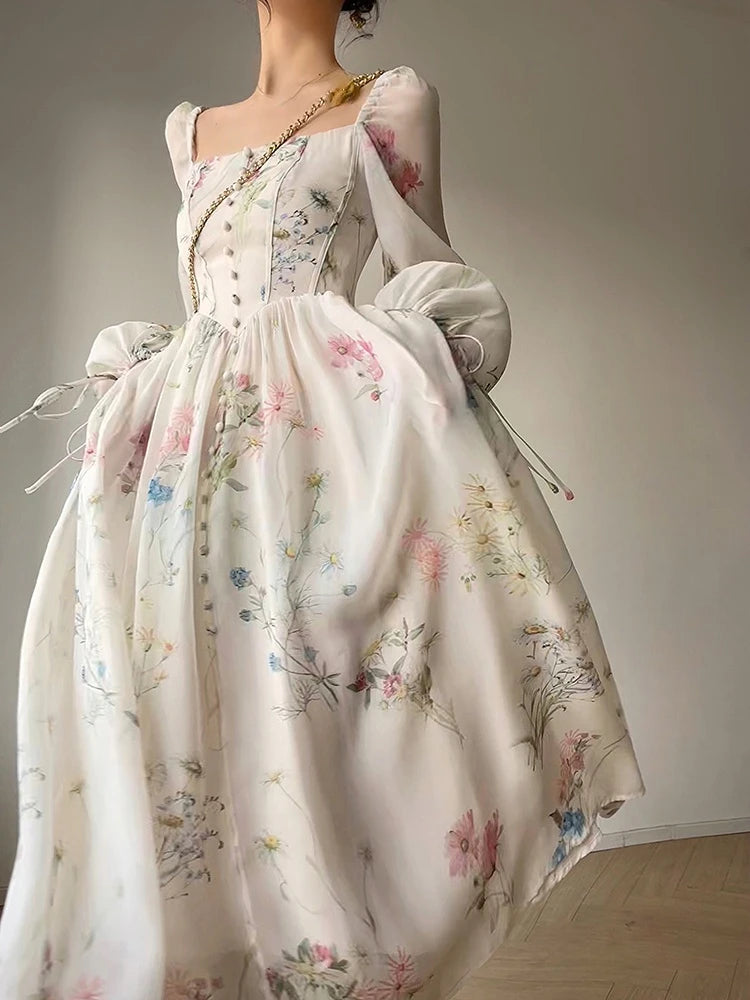 Vestido Midi de Gasa Floral — Manga Larga Afrancesada