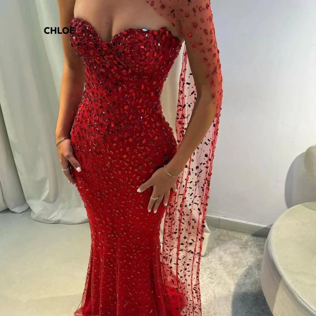 Vestido de Gala Sirena Hombros Caídos — Con Chal a Juego