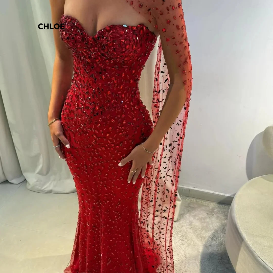 Vestido de Gala Sirena Hombros Caídos — Con Chal a Juego