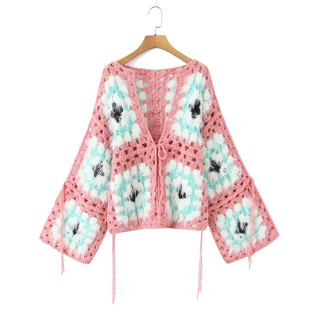 Cárdigan Crochet Peludo Rosa — Lazo y Flecos