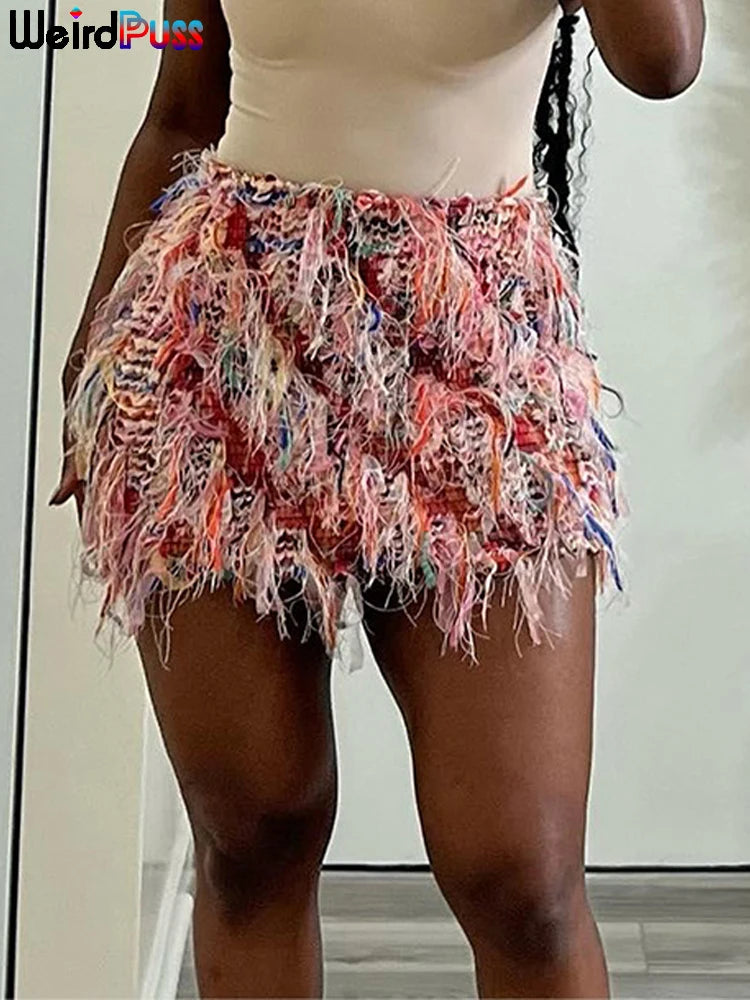 Falda Tejida Ajustada con Flecos de Colores — Streetwear