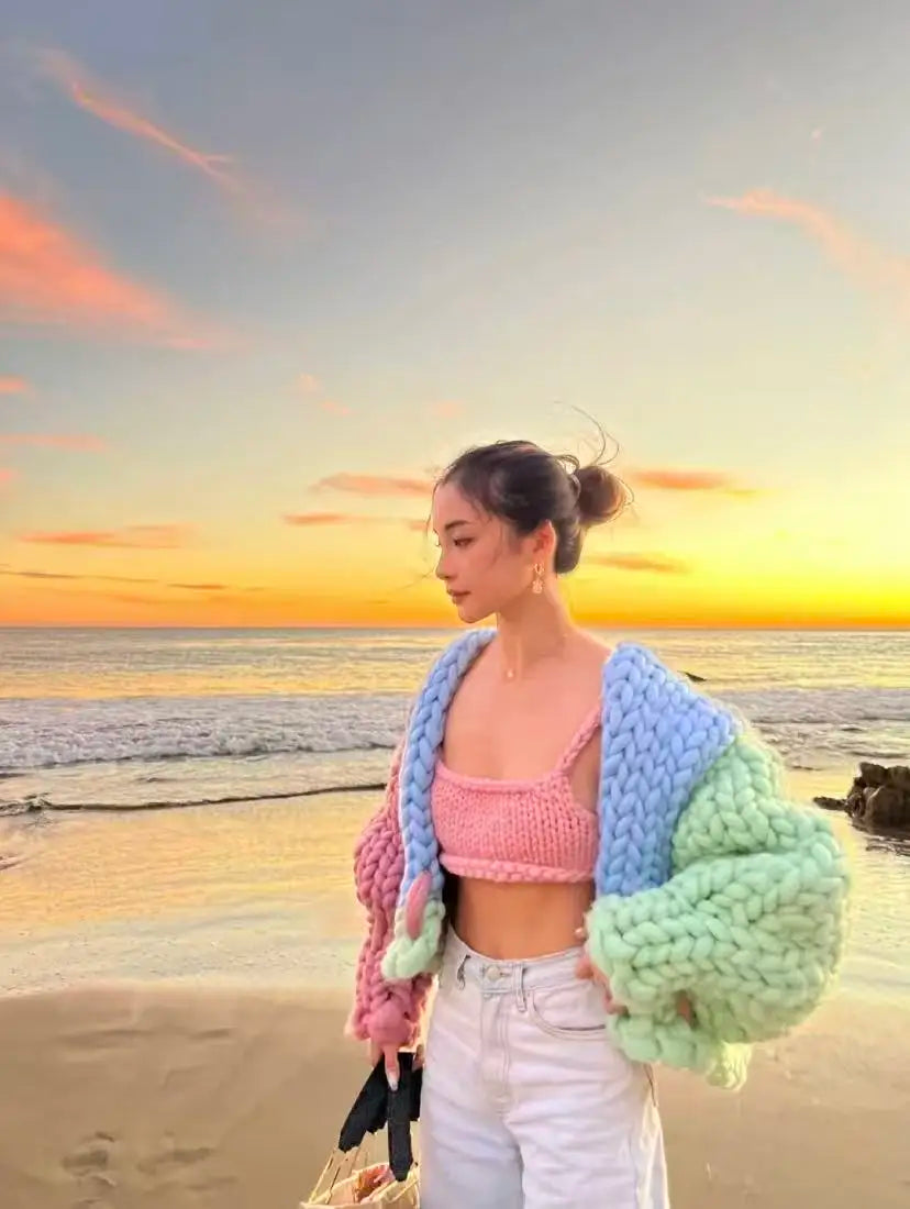 Cárdigan de Lana Pura Multicolor — Hilo Grueso Multifuncional
