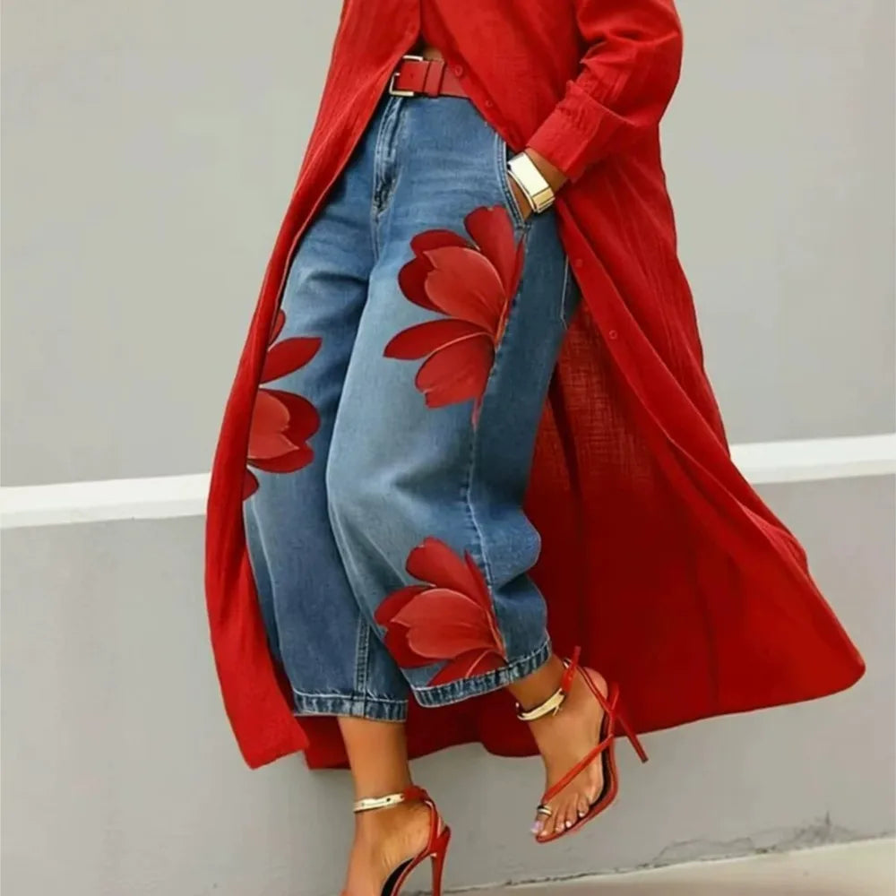 Pantalón Efecto Denim Estampado — Corte Ancho 7/8