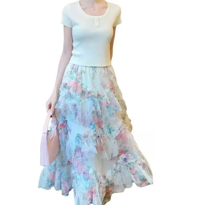 Falda Larga de Encaje Floral — Estilo Coreano