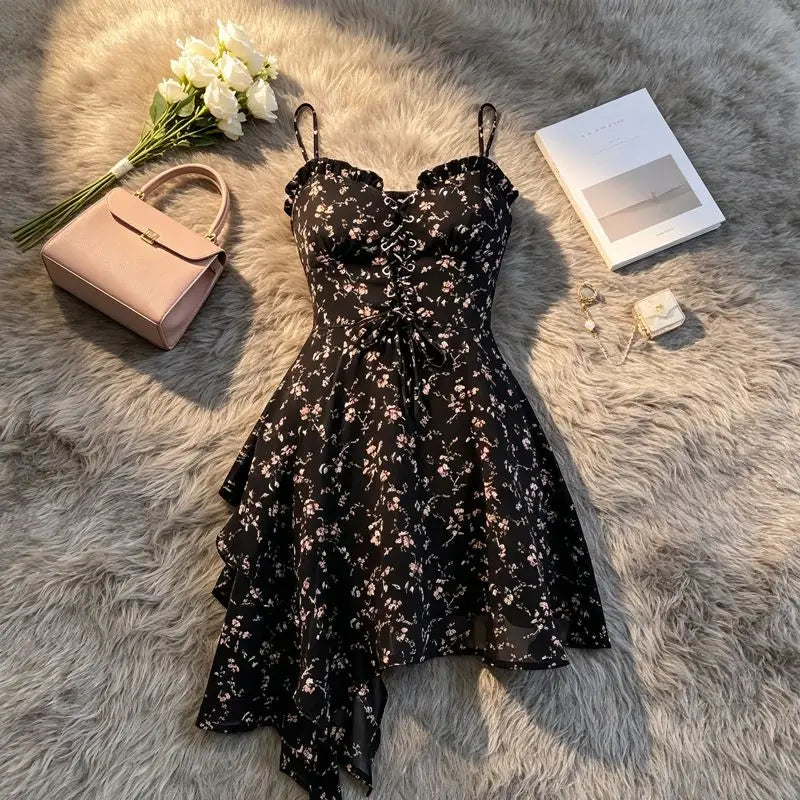 Vestido Halter Floral Ajustado — Cintura Alta Estilo Coreano