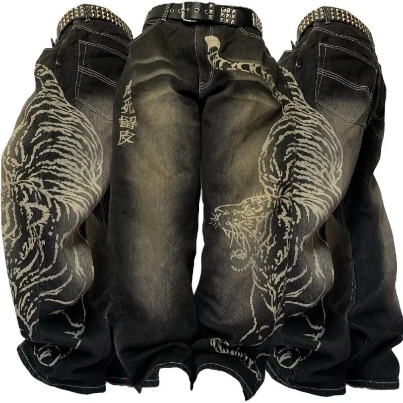 Jeans Anchos Bordados con Flor de Cerezo — Estilo Y2K