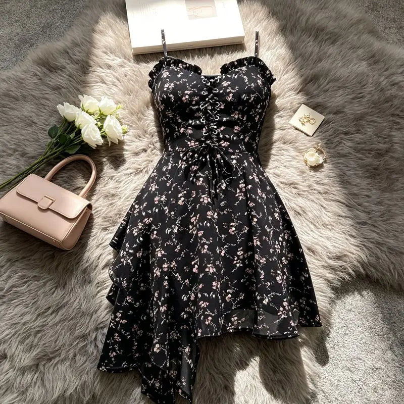 Vestido Halter Floral Ajustado — Cintura Alta Estilo Coreano