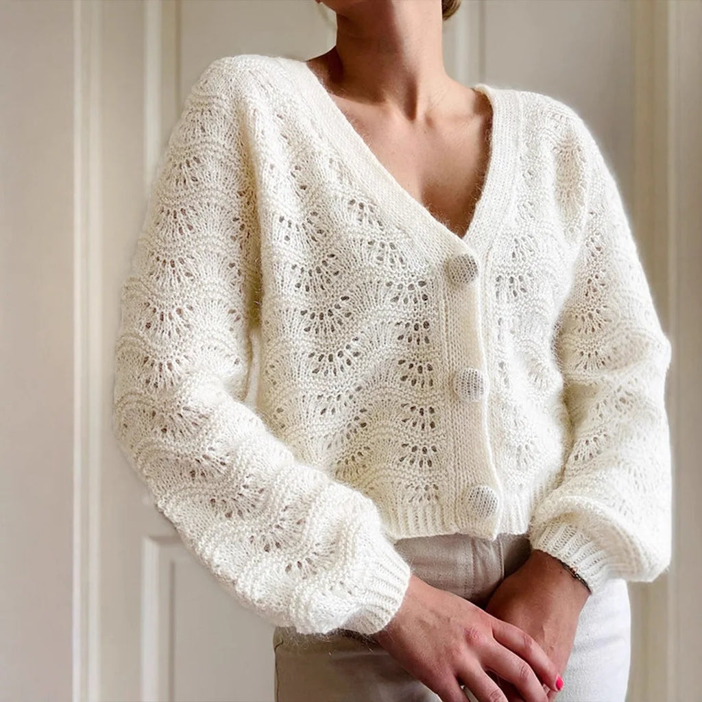 Cárdigan Blanco Crochet Calado — Cuello V