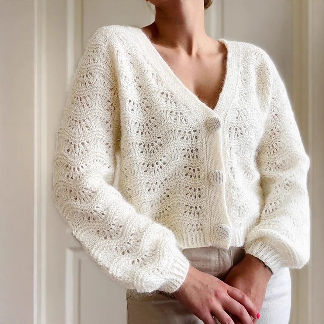 Cárdigan Blanco Crochet Calado — Cuello V