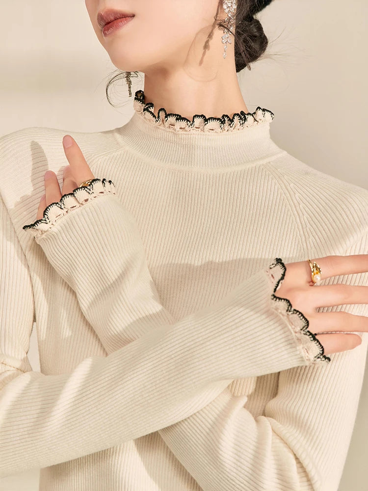 Sweater Acanalado con Volados — Cuello Alto Ajustado