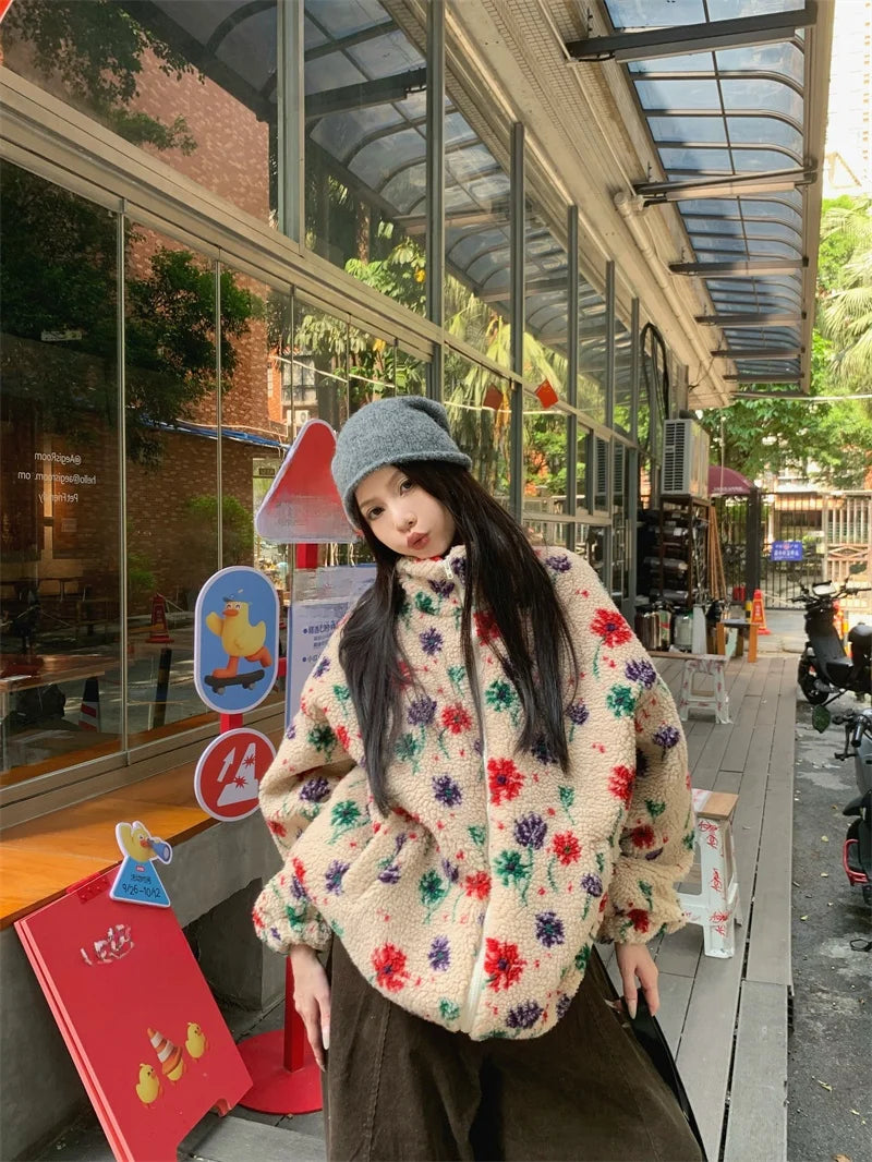 Chaqueta de Piel Sintética Floral — Talla Grande