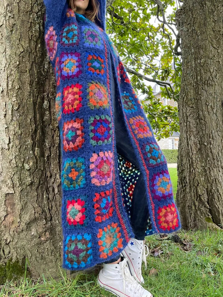 Cárdigan Crochet Largo Vintage — Cuello Redondo