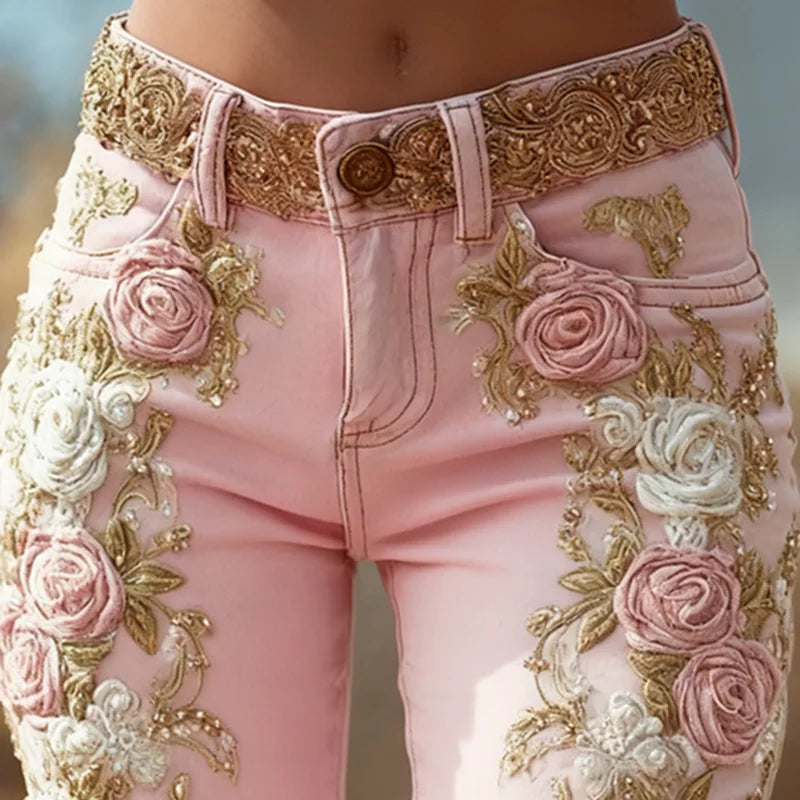 Jeans Estampados de Rosas Vintage — Tiro Alto con Botones