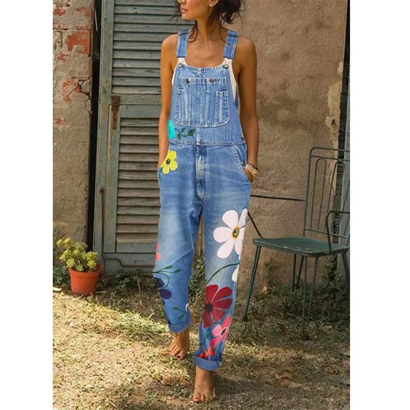 Overol de Denim con Tirantes — Estampado Floral