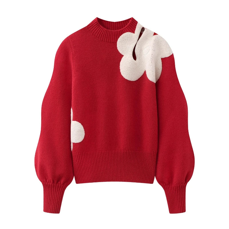Sweater Rojo con Flores 3D Aplicadas — Manga Abullonada