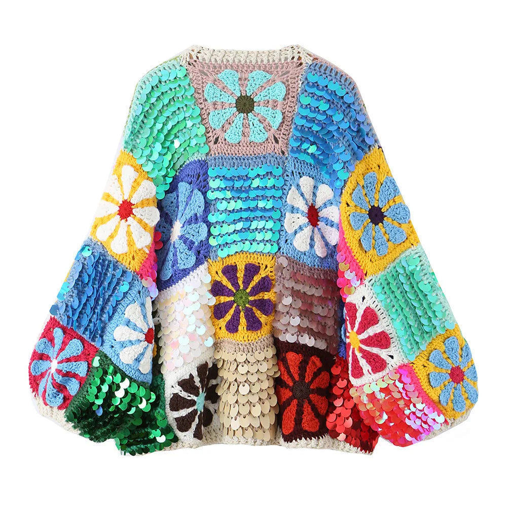 Cárdigan Crochet con Pedrería y Lentejuelas — Manga Farol