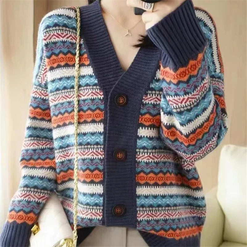 Cárdigan Estampado con Botones — Cuello V Vintage