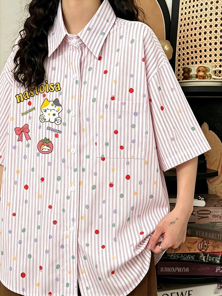Blusa Bordada de Lunares y Rayas — Estilo Kawaii