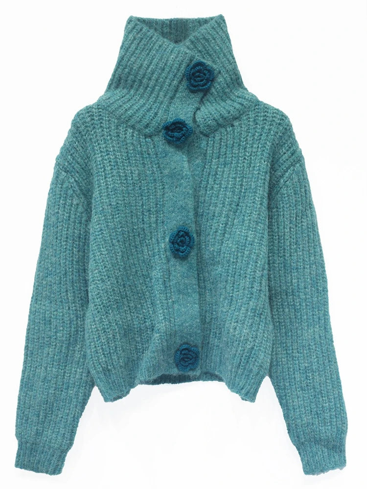 Cárdigan Vintage Cuello Alto — Botones Florales
