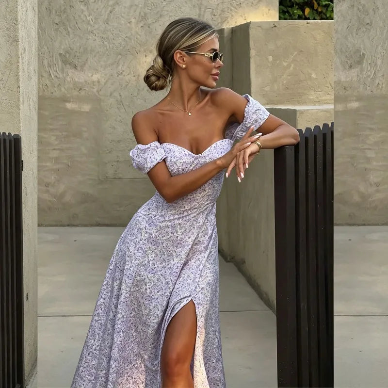 Vestido Maxi Floral Hombros Caídos — Escote V y Abertura