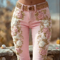 Jeans Estampados de Rosas Vintage — Tiro Alto con Botones