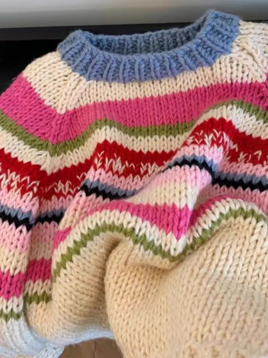 Sweater a Rayas Multicolor Coreano — Cuello Redondo Holgado