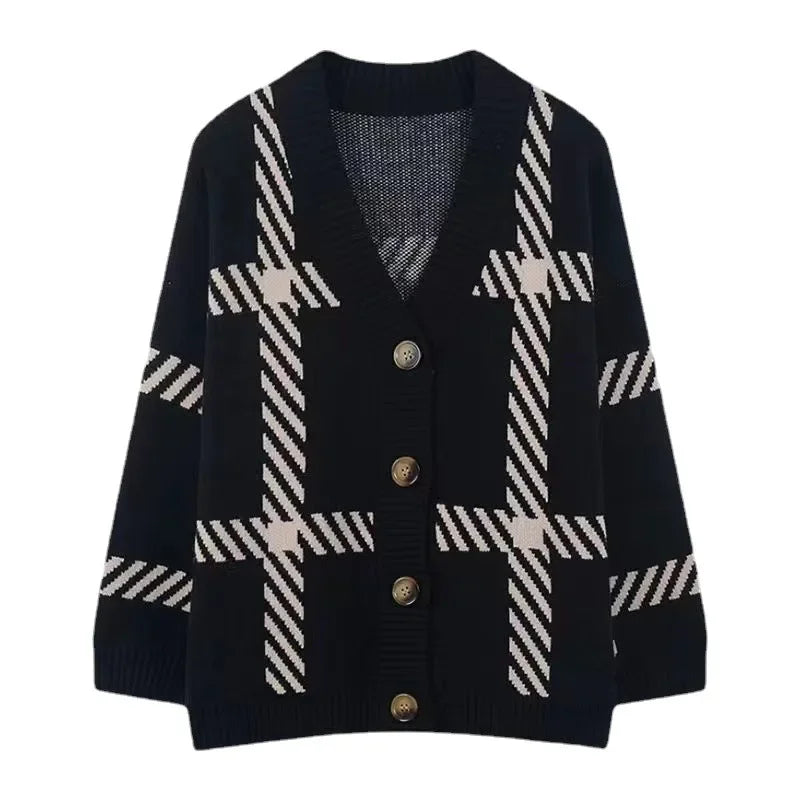 Cárdigan Tejido Estampado Cuello V — Corte Holgado