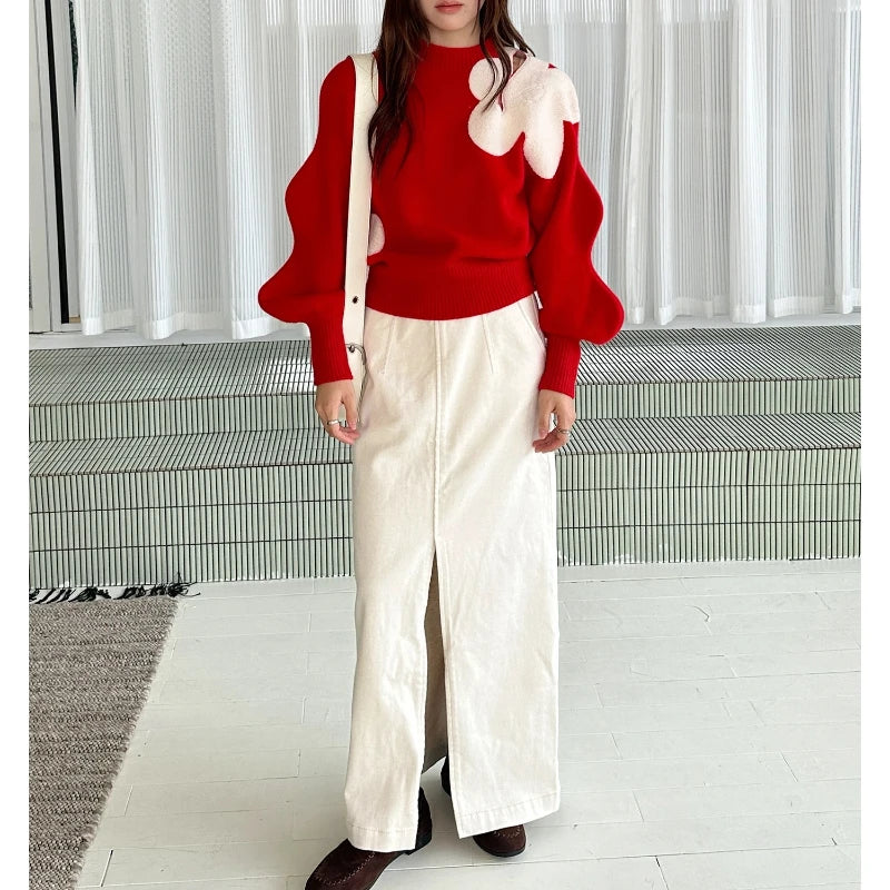 Sweater Rojo con Flores 3D Aplicadas — Manga Abullonada