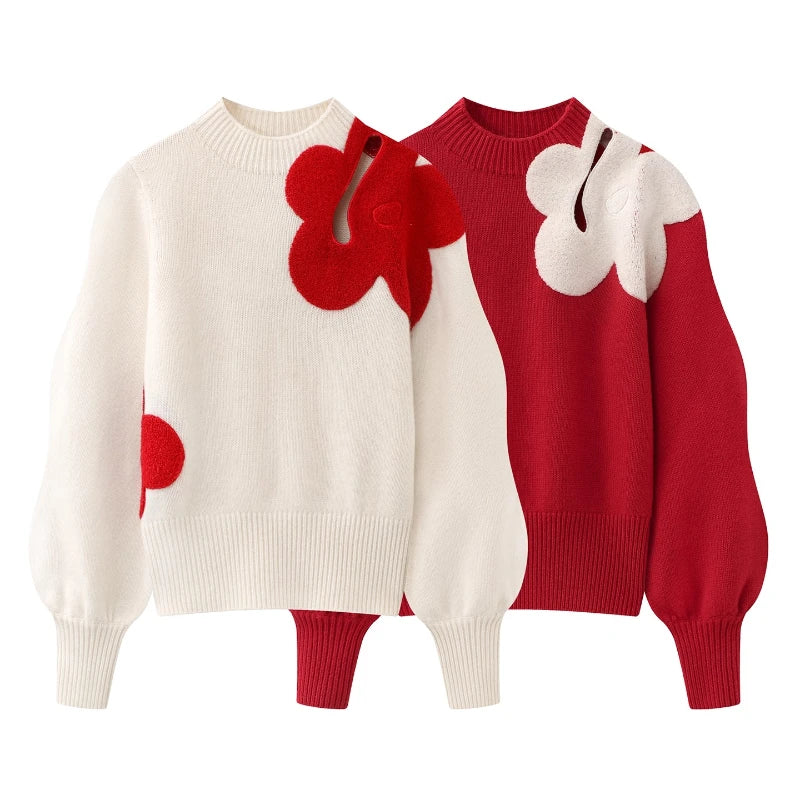 Sweater Rojo con Flores 3D Aplicadas — Manga Abullonada