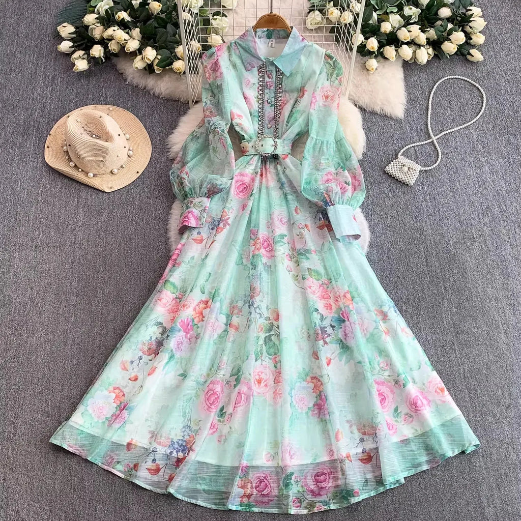 Vestido Estampado Geométrico — Cuello Solapa y Manga Farol