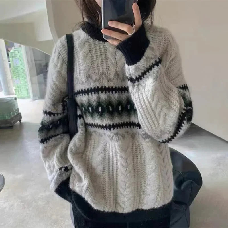 Sweater Tejido Estampado Vintage — Cuello Redondo