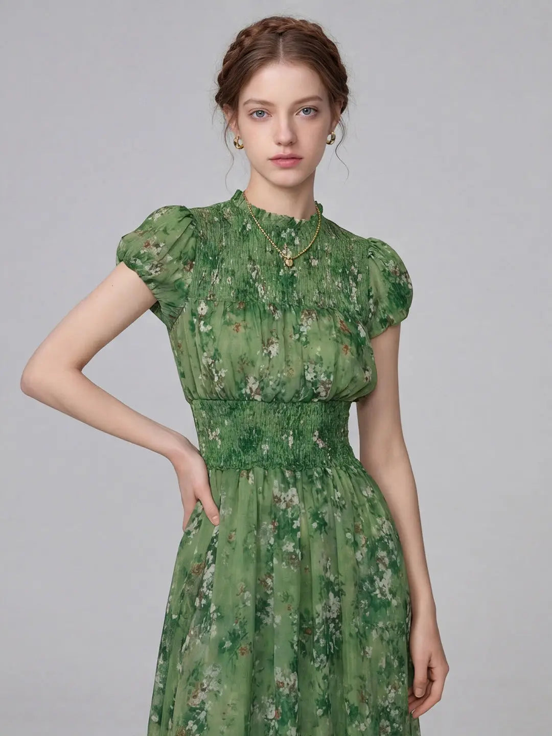 Vestido Verde Manga Globo Talla Grande — Suave y Fluido