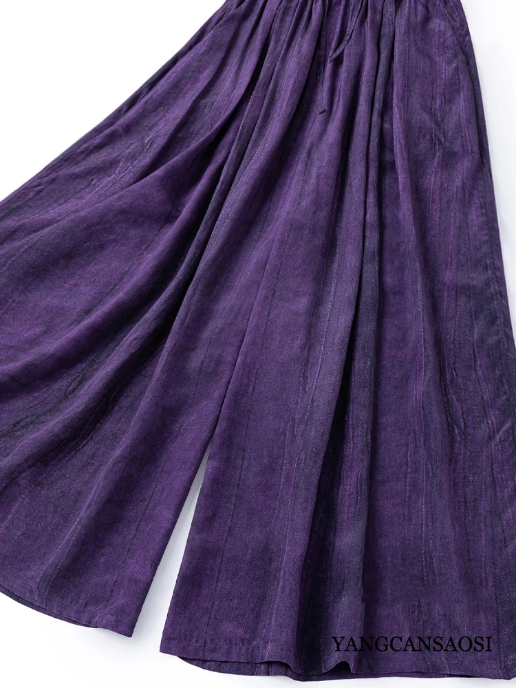 Pantalón de Seda Natural Morado — Cintura Elástica con Tirante