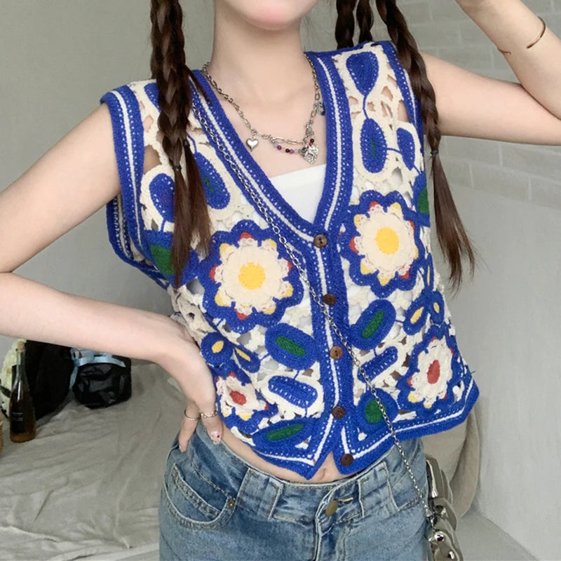 Chaleco Crochet Floral — Sin Mangas Boho