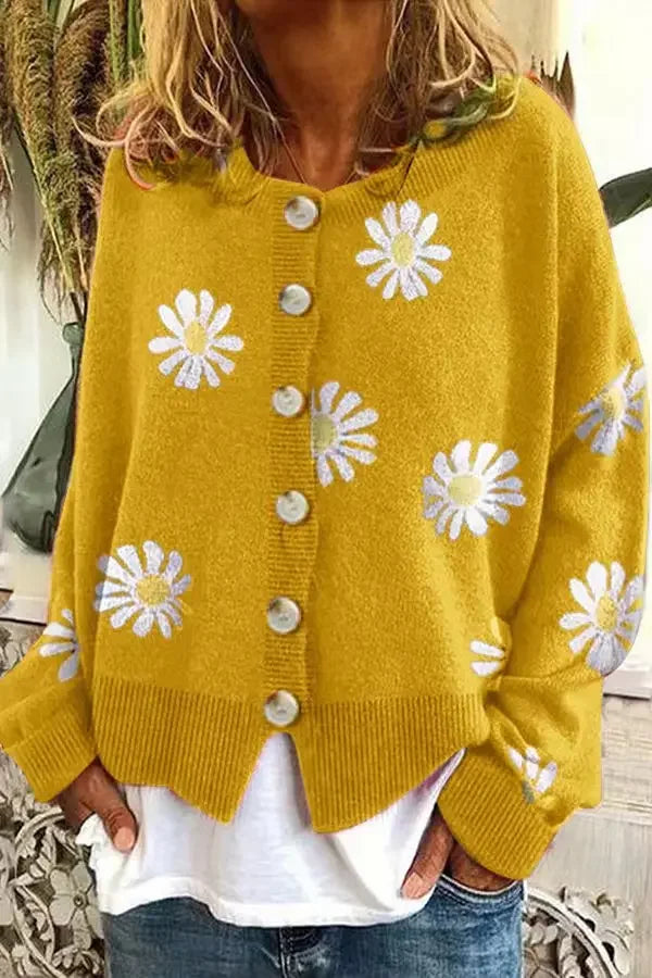 Cárdigan Tejido Floral con Botones — Cuello Redondo
