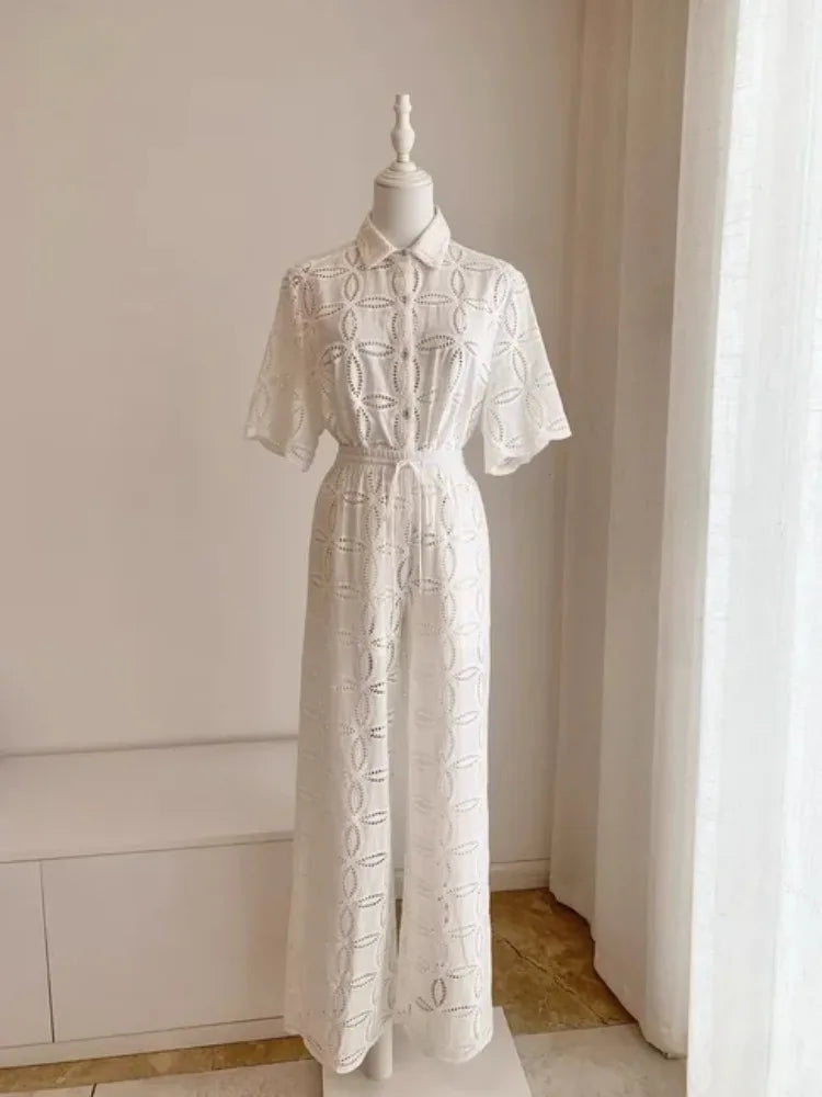 Conjunto Camisa Calada y Pantalón Blanco de Algodón — Set Vacaciones