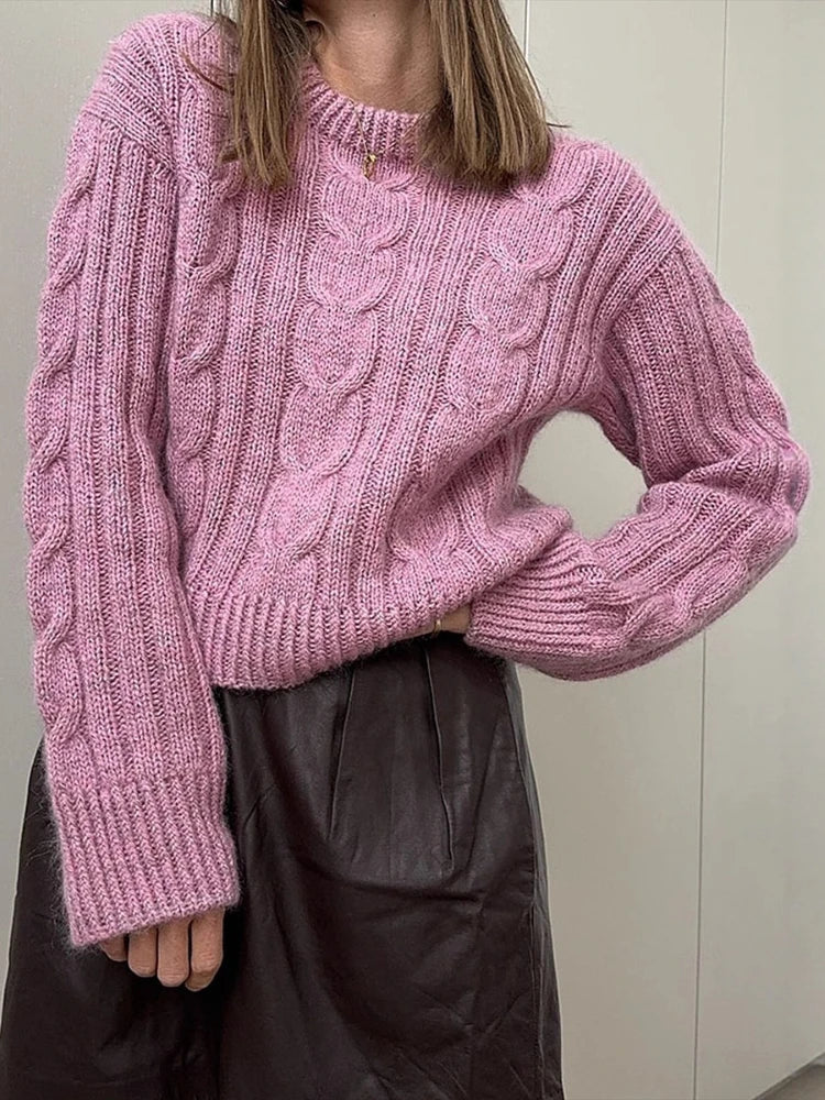 Sweater Rosa Tejido Trenzado — Cuello Redondo Suave