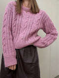 Sweater Rosa Tejido Trenzado — Cuello Redondo Suave