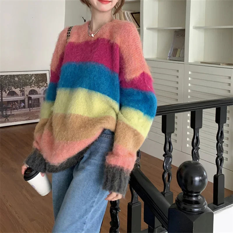 Sweater a Rayas con Paneles — Cuello Redondo Grueso